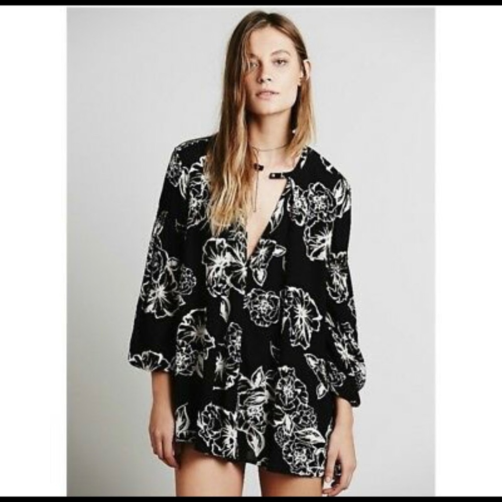 Free People Black Floral Foil Print Swing Tunic